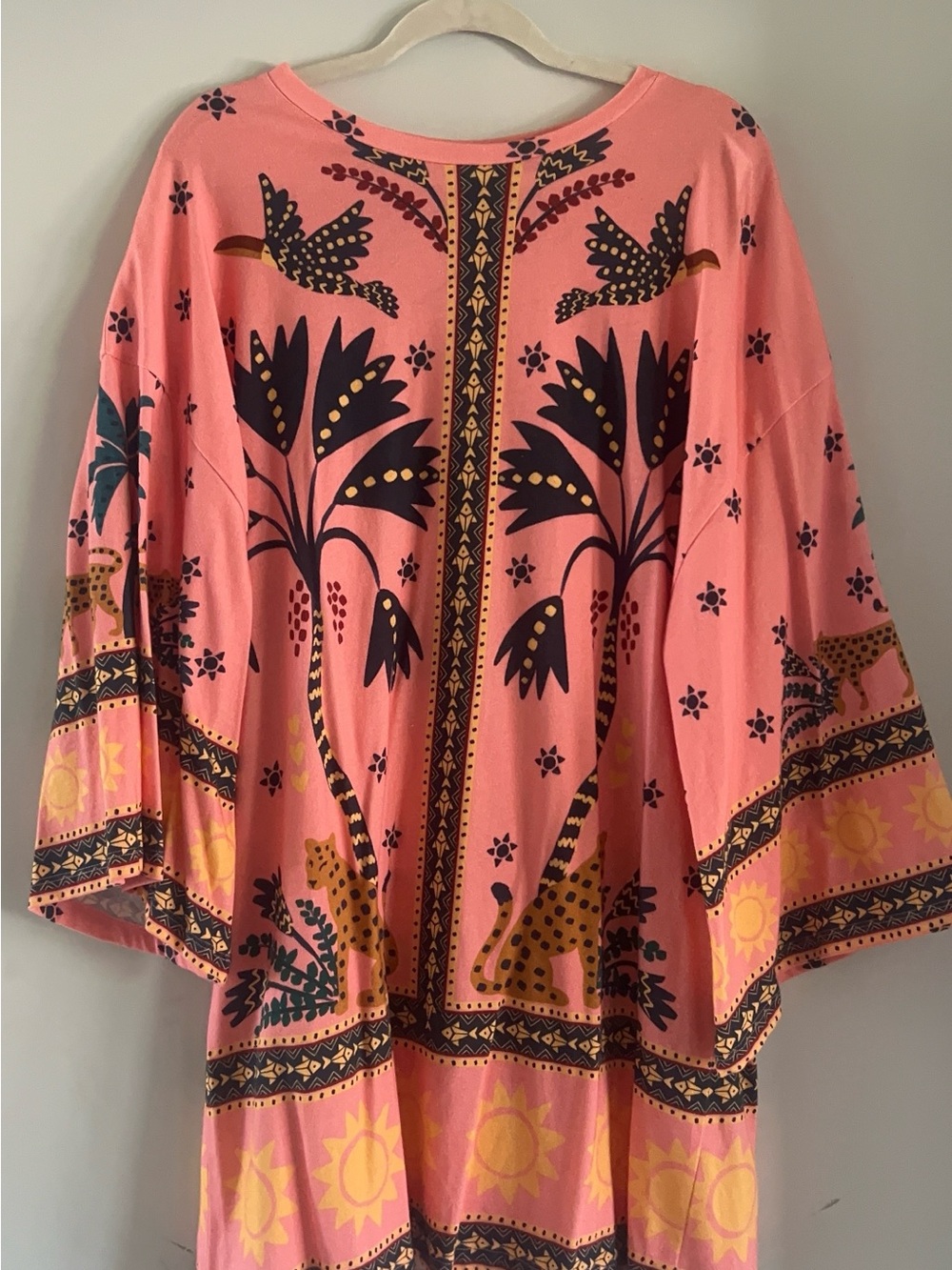 Anthropologie Coral Pink Tropical Print Kimono Dress